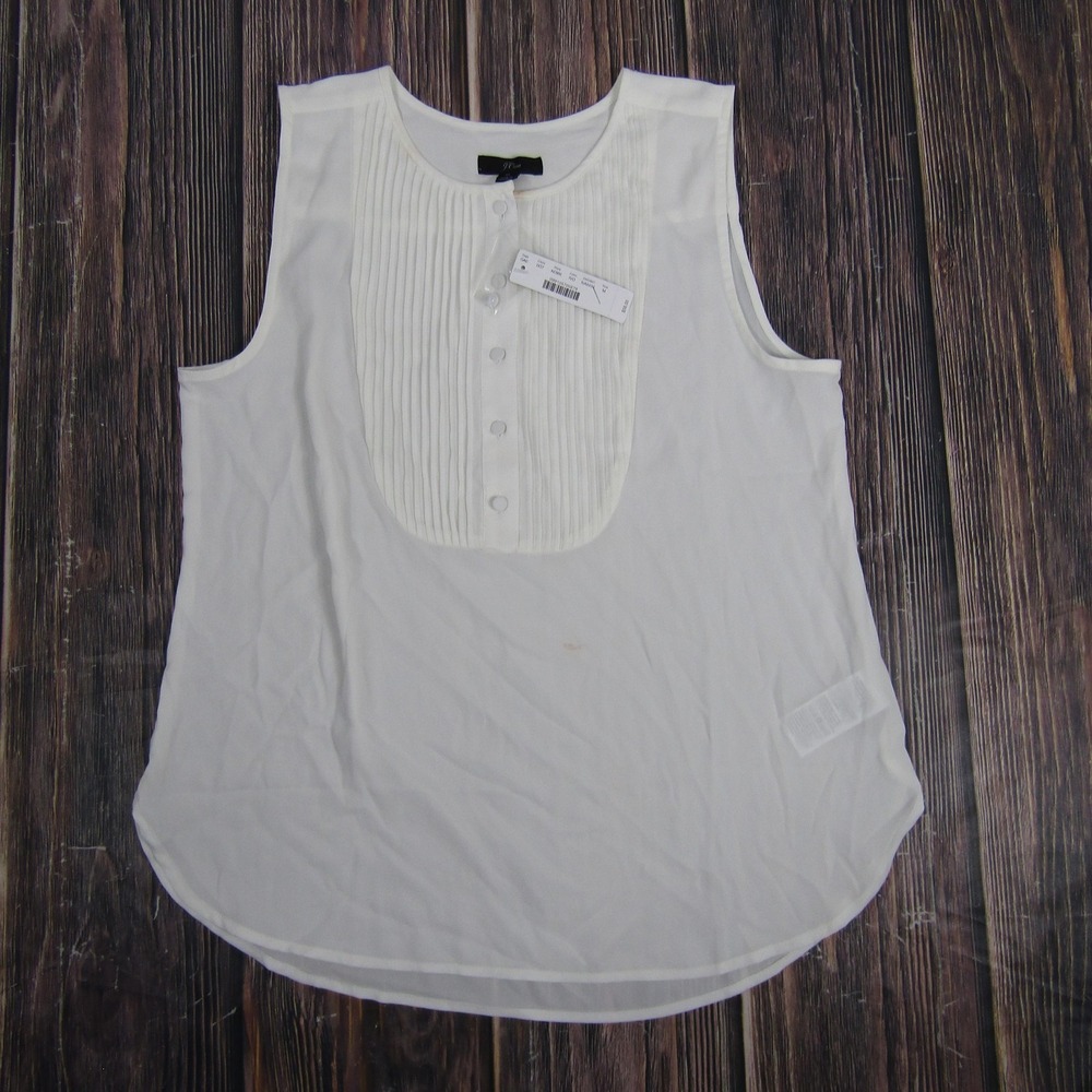J Crew Shirt Womens Medium Ivory Pintuck Bib Sleeveless Button Blouse AE889